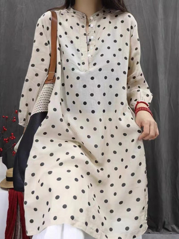 Polka Dot Pattern Three Quarter Sleeve Linen Midi Dress