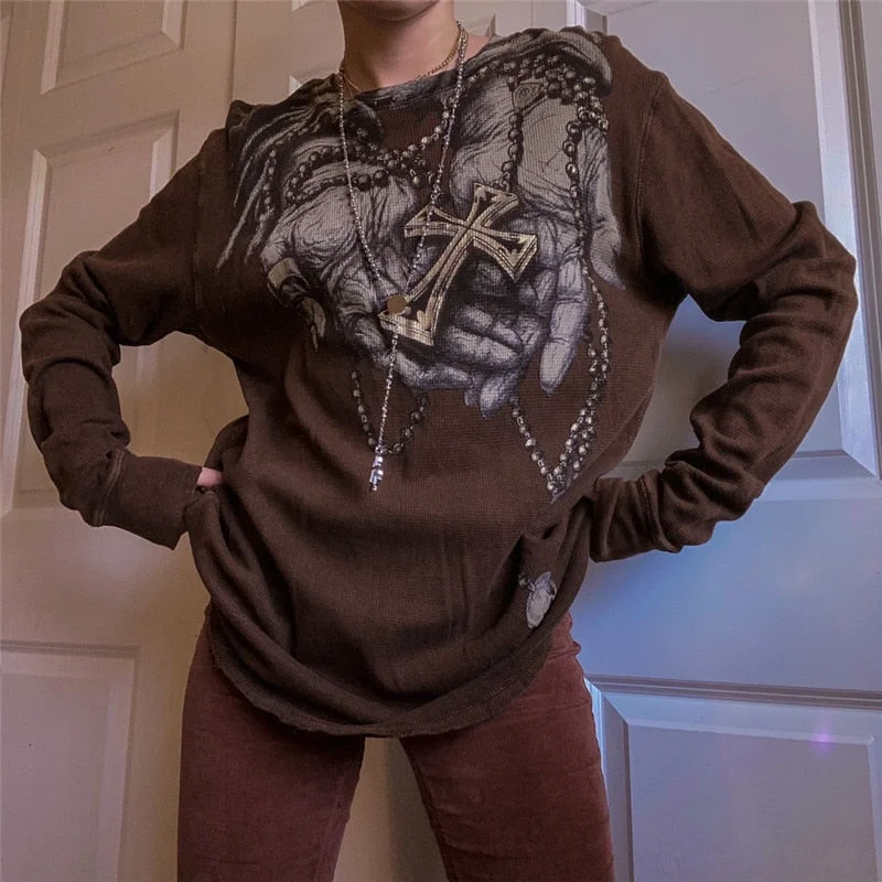 Xingqing Fairycore Grunge Vintage Printed Graphic Long Sleeve T Shirt 90s Aesthetic Pullover Top Autumn Women T-shirt Punk Style