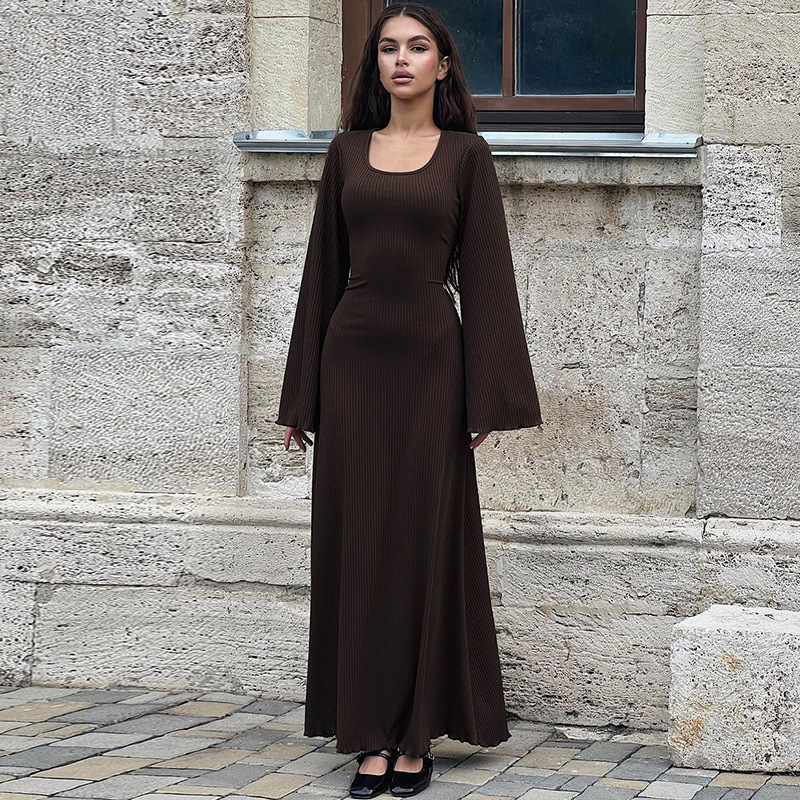 Ootddress Scoop Neck Lace-Up Ribbed Maxi Dress Female Long Sleeve Fashion Slim Loose Bandage Dress Autumn 2025 Solid Women Dress New