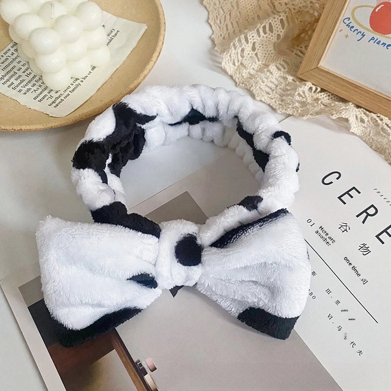 Leopard Stripe Bow Hair Band Women’s Face Washing Sports Hair Band Coral Fleece Hair Accessories