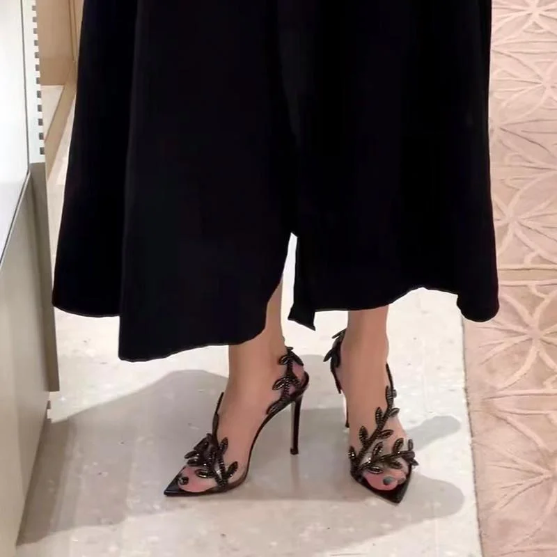 Breakj Breakj Water Drill Leaves Sandals New Spring And Autumn Sharp Leather Temperament With A Beautiful And Thin Word With Famous High Heels