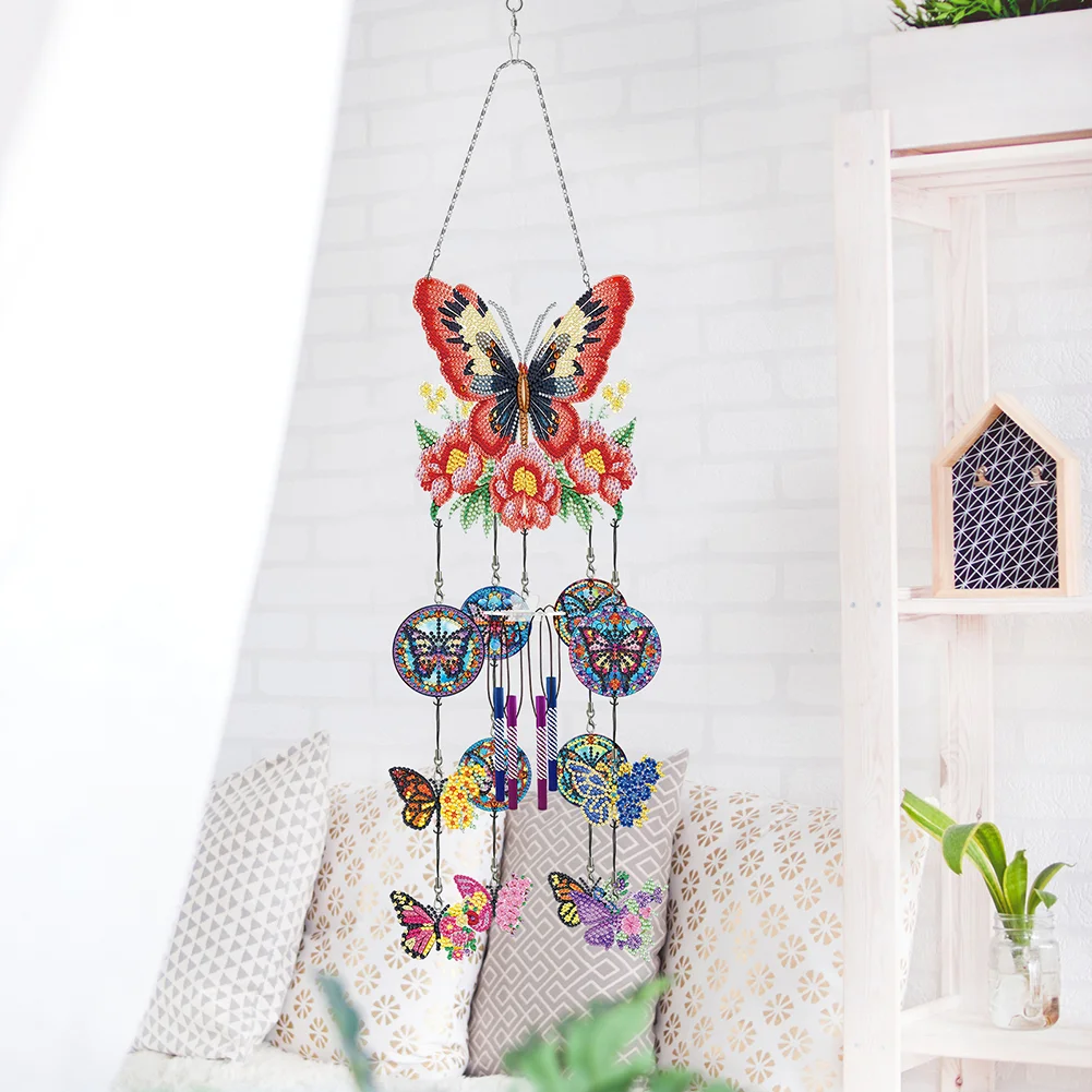 DIY Flower Butterfly Double Side Wind Chime Diamond Art Hanging Pendant for Home Decor