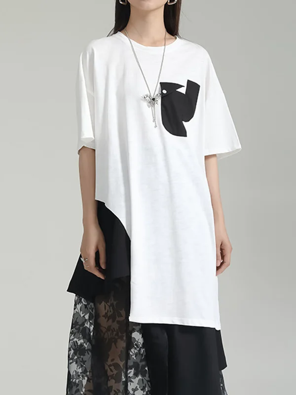 Roomy Short Sleeves Asymmetric Contrast Color Split-Joint Round-Neck T-Shirts