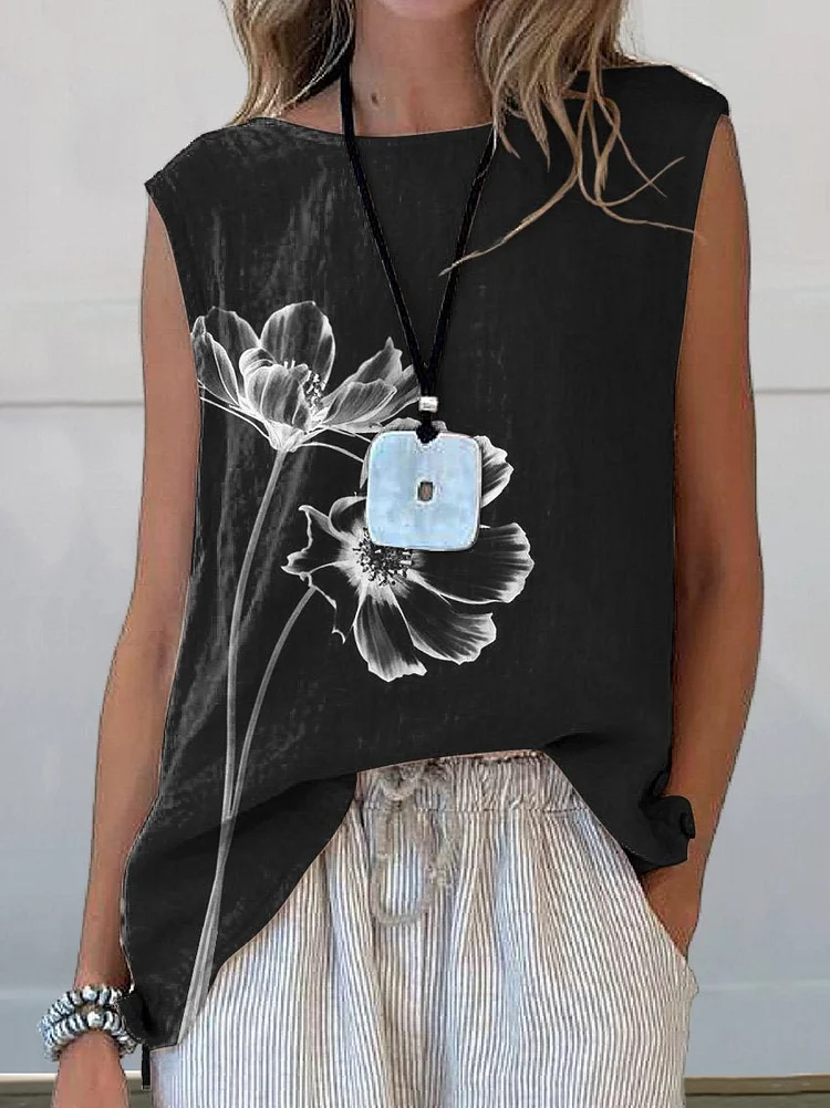 Midnight Poppy Art Printed Women's Casual Cotton And Linen Tank Top