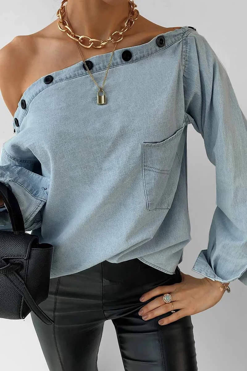 Spring Button-Neck Off-Shoulder Long-Sleeved Denim Shirt