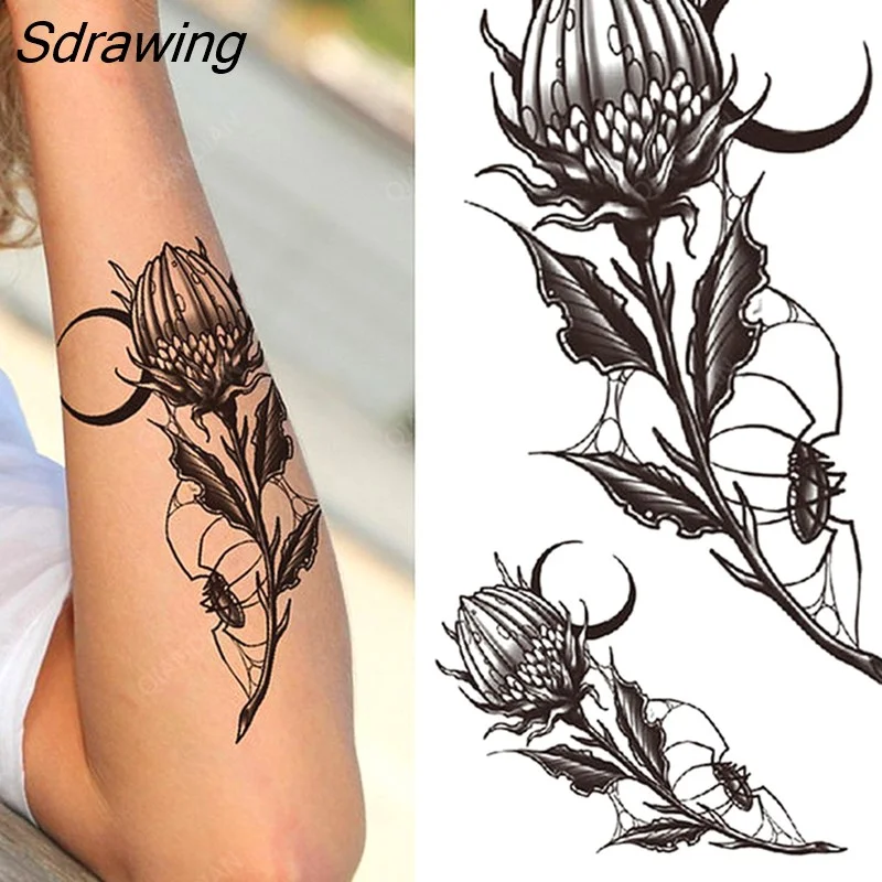 Sdrawing Wolf Flower Rose Bouquet Camellia Women Lady Waterproof Temporary Tattoos Fake Stickers Arm Forearm Cool Art Sexy Black
