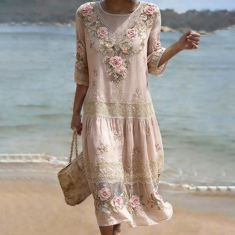 Women's Vintage Pink Flower Embroidery Art Midi Dress wearshes