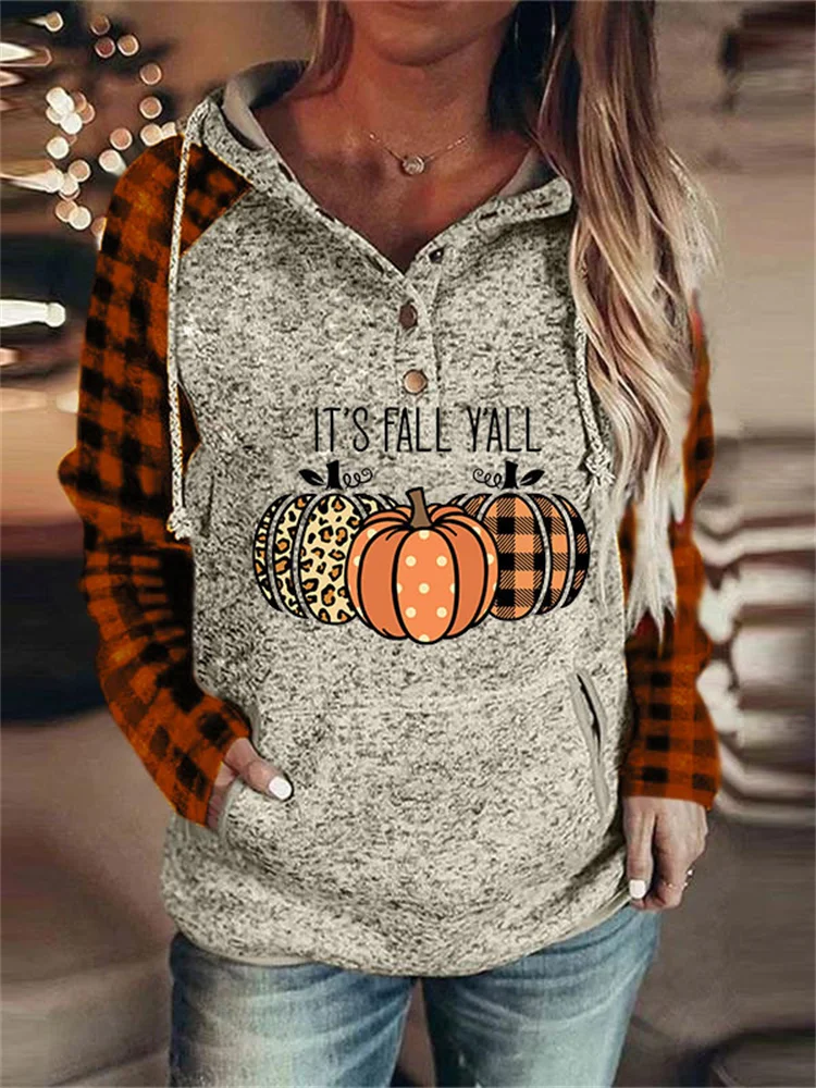 It's Fall Y'all Pumpkins Plaid Patchwork Hoodie