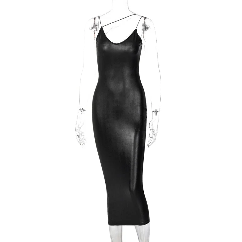 Low Cut V-Neck Bodycon Dress for Women Party Elegant Sexy Outfits Pu Leather Autumn Winter Sleeveless Maxi Dresses Fashion 2020