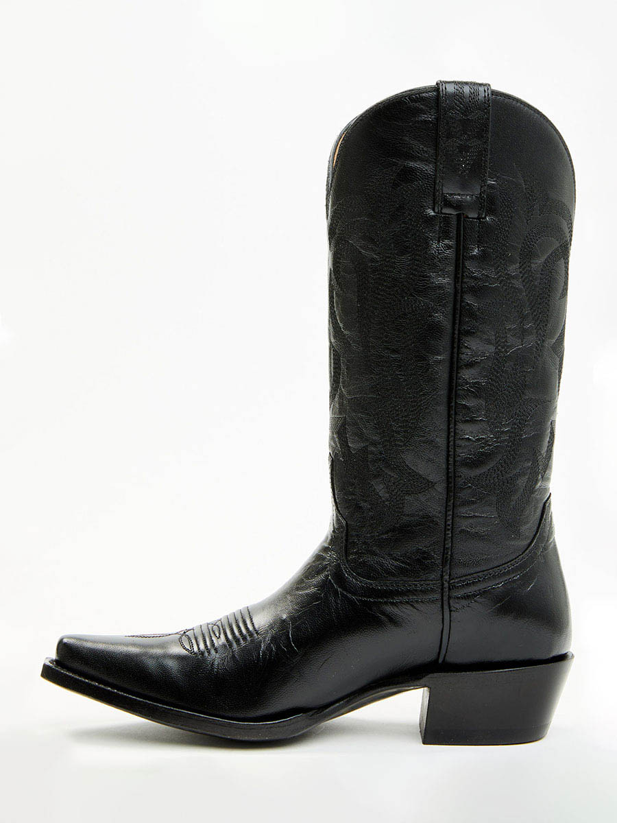 Black Snip Toe Side Loop Embroidered Mid Calf Western Boots for Women