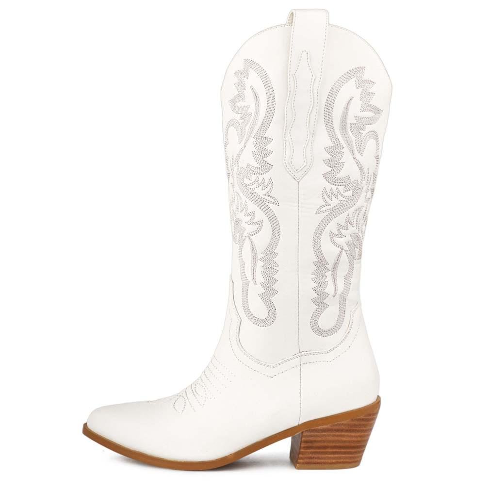 Womens Embroidered Chunky Heel Mid Calf Cowboy Boots