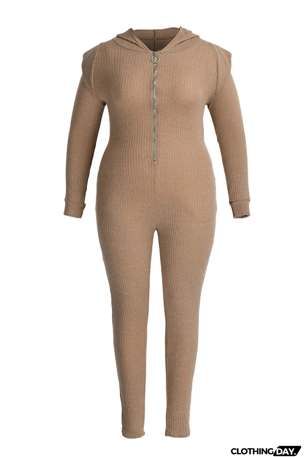 Khaki Casual Solid Split Joint Zipper Hooded Collar Plus Size Jumpsuits