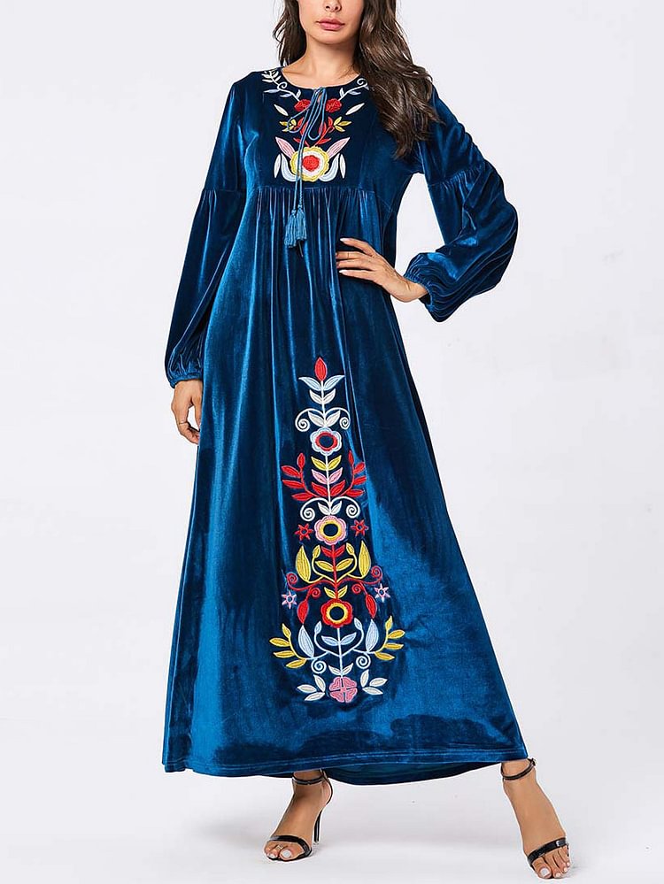 Blue botanical embroidery velvet dress