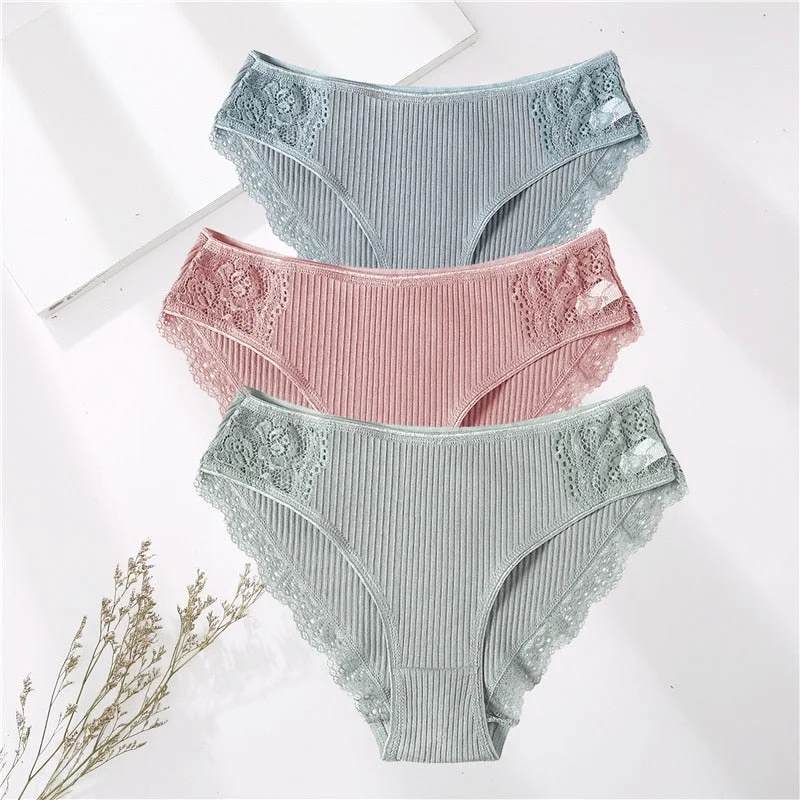 FINETOO 3PCS/Set M-XXL Cotton Underwear Women's Panties Comfort Underpants Floral Lace Briefs For Woman Sexy Low-Rise Intimates