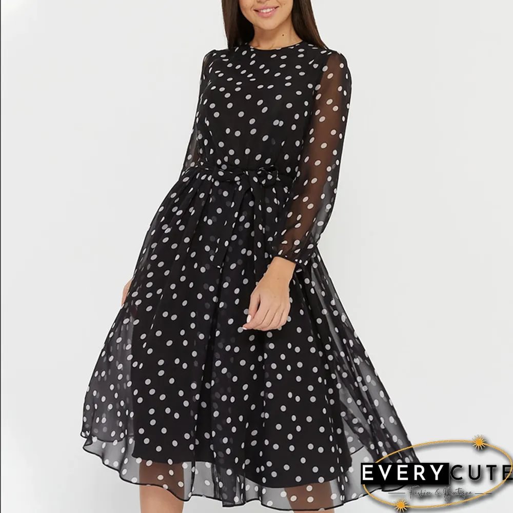 New Fashion Casual Polka Dot Print Chiffon Dress Womens High Waist lantern sleeve a-line