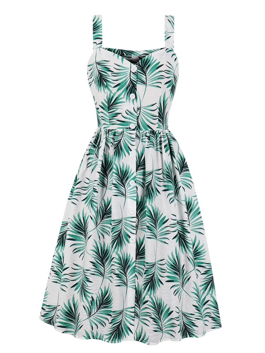 Spaghetti Strap Dress Pastoral Style Leaf Print Dress