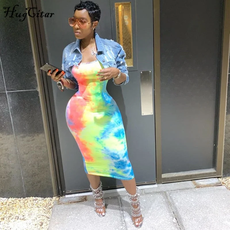 Hugcitar tie dye slip backless sexy 2019 summer autumn women fashion high waist slim party elegant bodycon midi dress