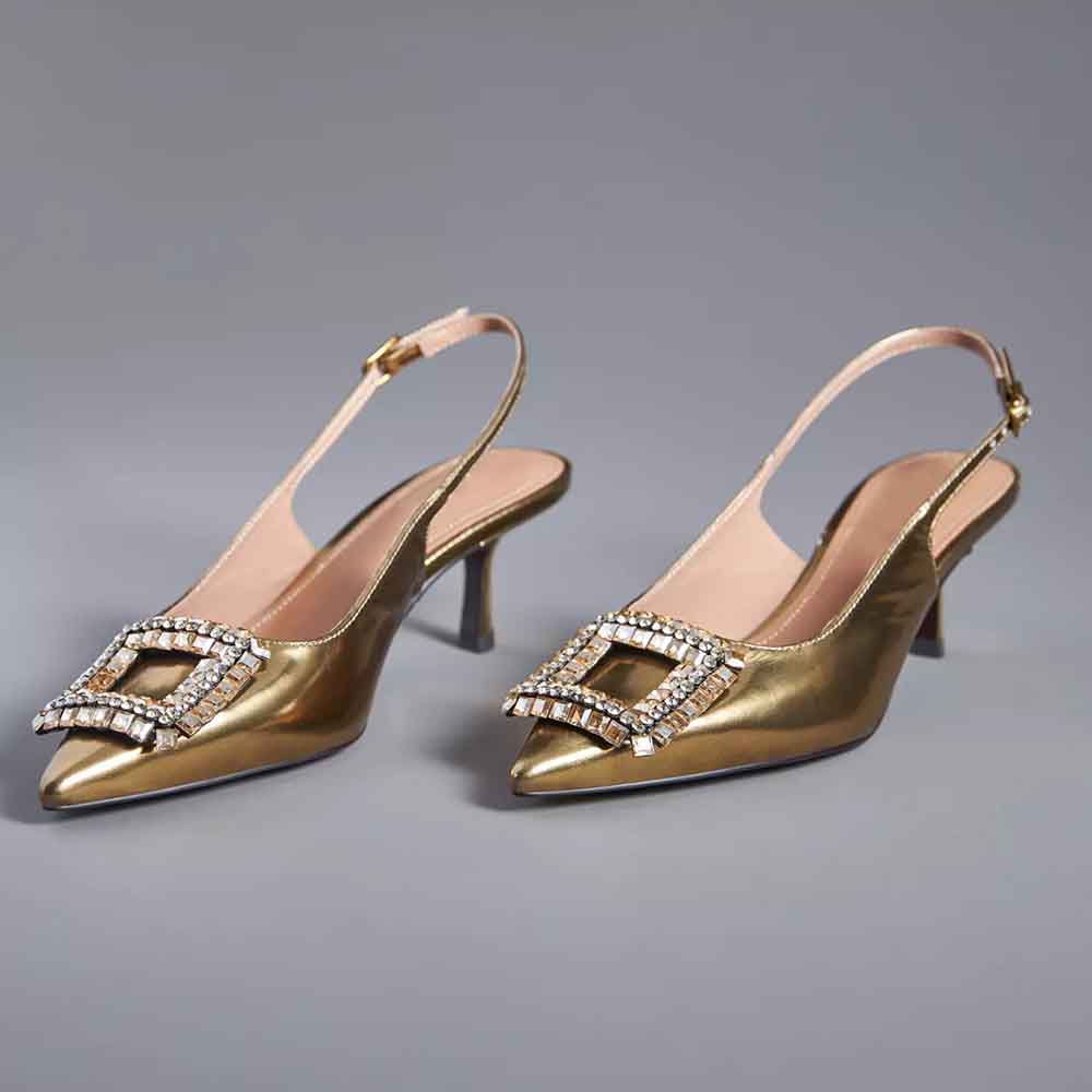 Gold Metallic Pointed Toe Slingback Heels with Rhinestone Buckle Nicepairs