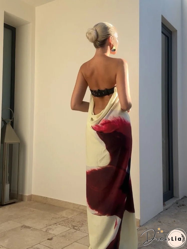 Strapless Back Belt Sleeveless Women's Long Dress Sexy Printed Backless Off Shoulder Vestidos Summer Casual Vacation Beach Robes