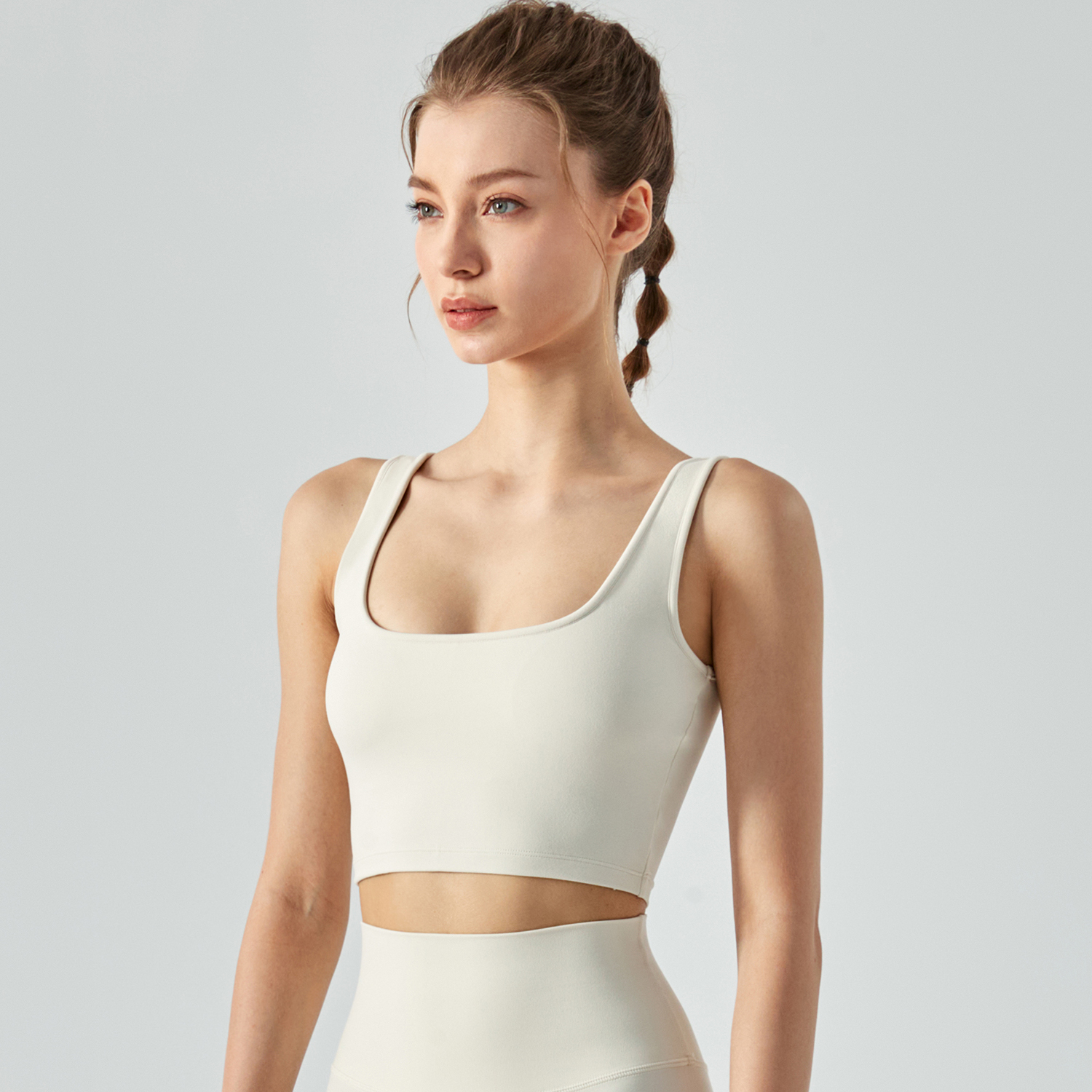 Buy Hergymclothing Ivory White square neck u back sustainable outerwear yoga sports bra with removable pads at an affordable price