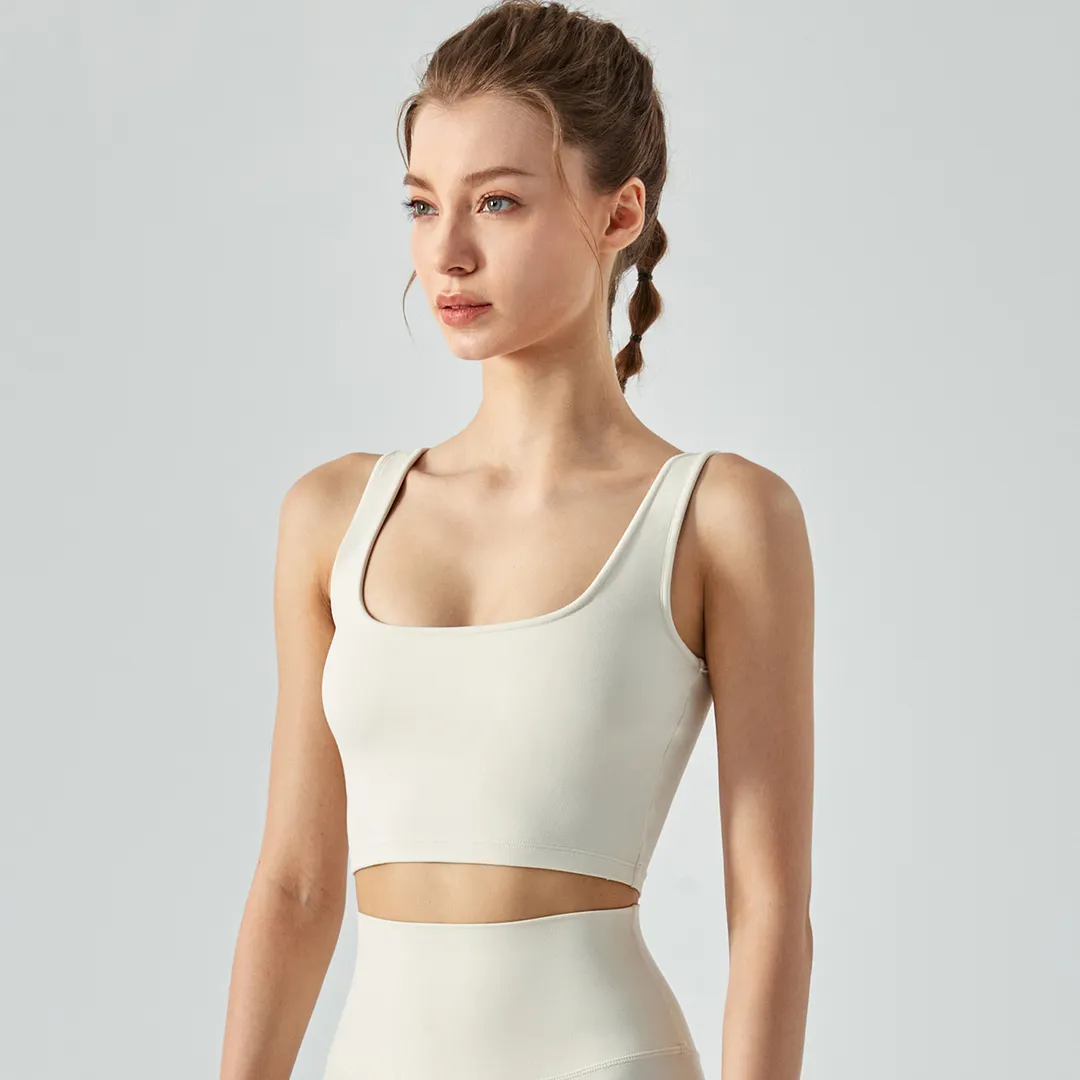 Buy Hergymclothing Ivory White square neck u back sustainable outerwear yoga sports bra with removable pads at an affordable price