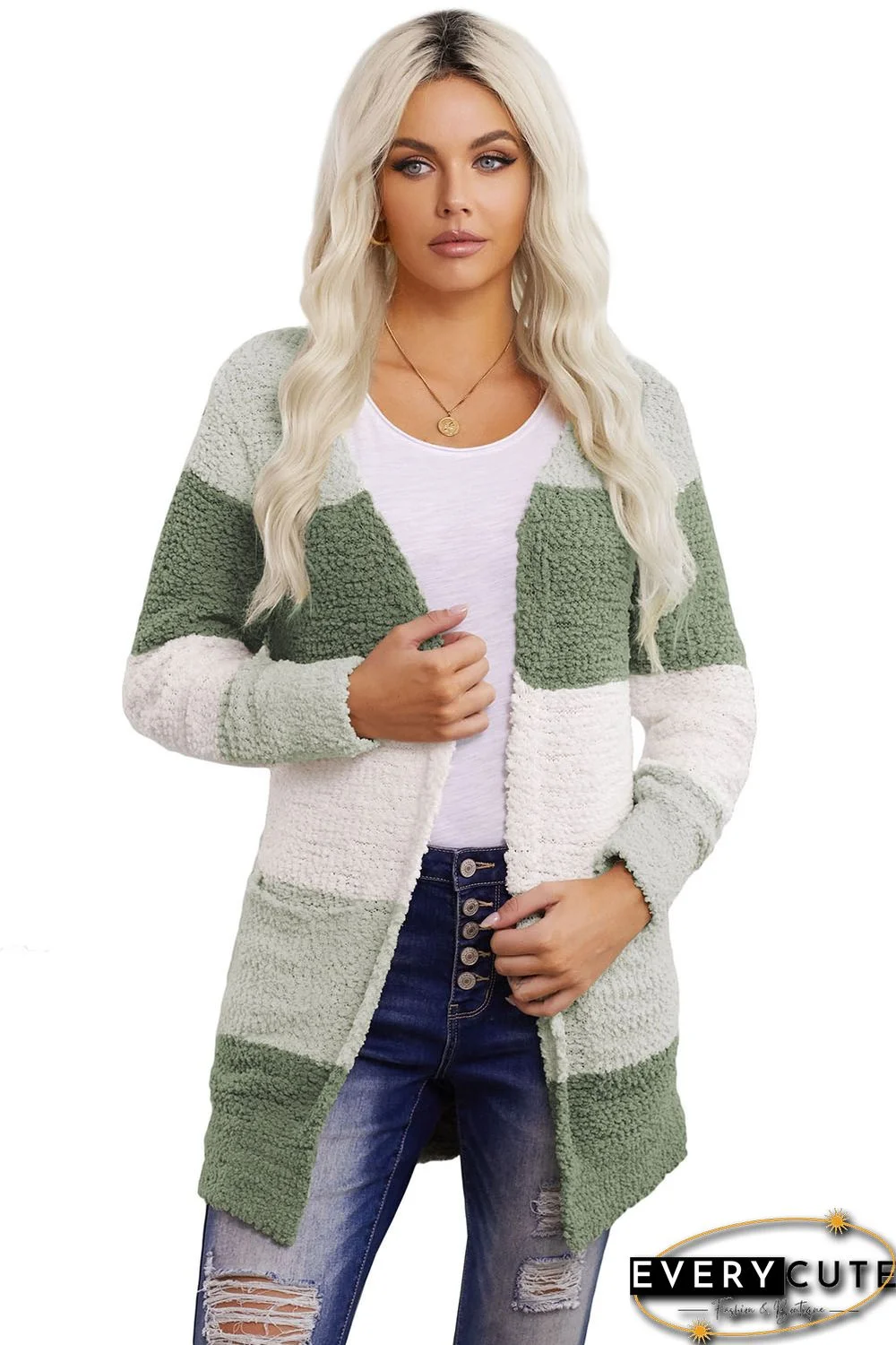 Green Colorblock Popcorn Knit Cardigan