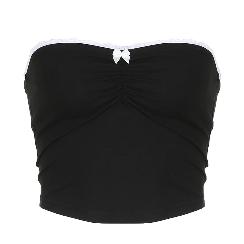 Ueong Sexy Pleated Bow Tie Lace Spliced Solid Color Brassiere Blouse Ins Trendy Spicy Girl Slim Vest New Style