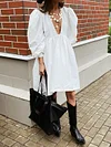 Plain Deep V-Neck Puff Sleeves Loose Casual Mini Dress