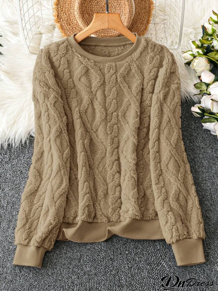 Women Solid Color Round Neck Long Sleeve Casual Fleece Sweatshirt