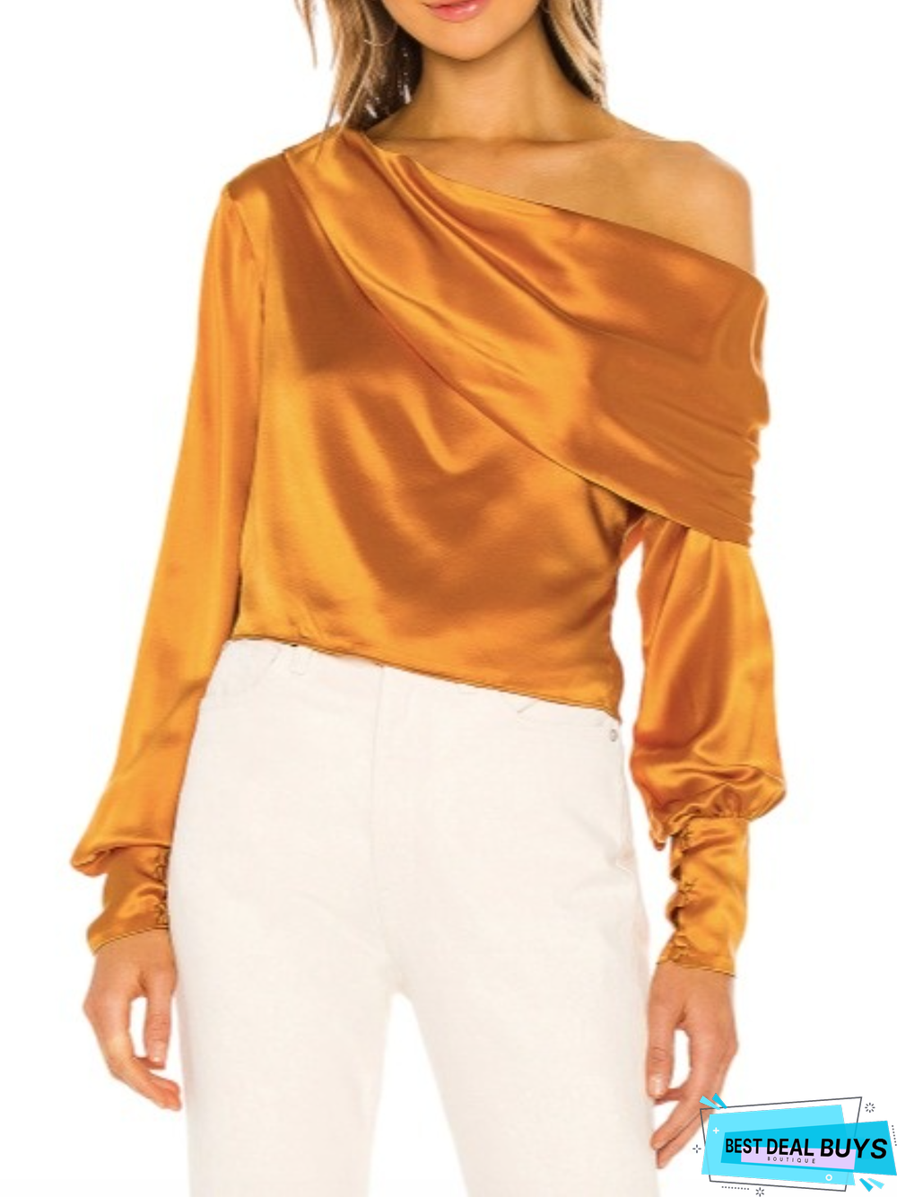 Spring Fall Elegant A-line Simple Satin Long Sleeve Asymmetric Tops