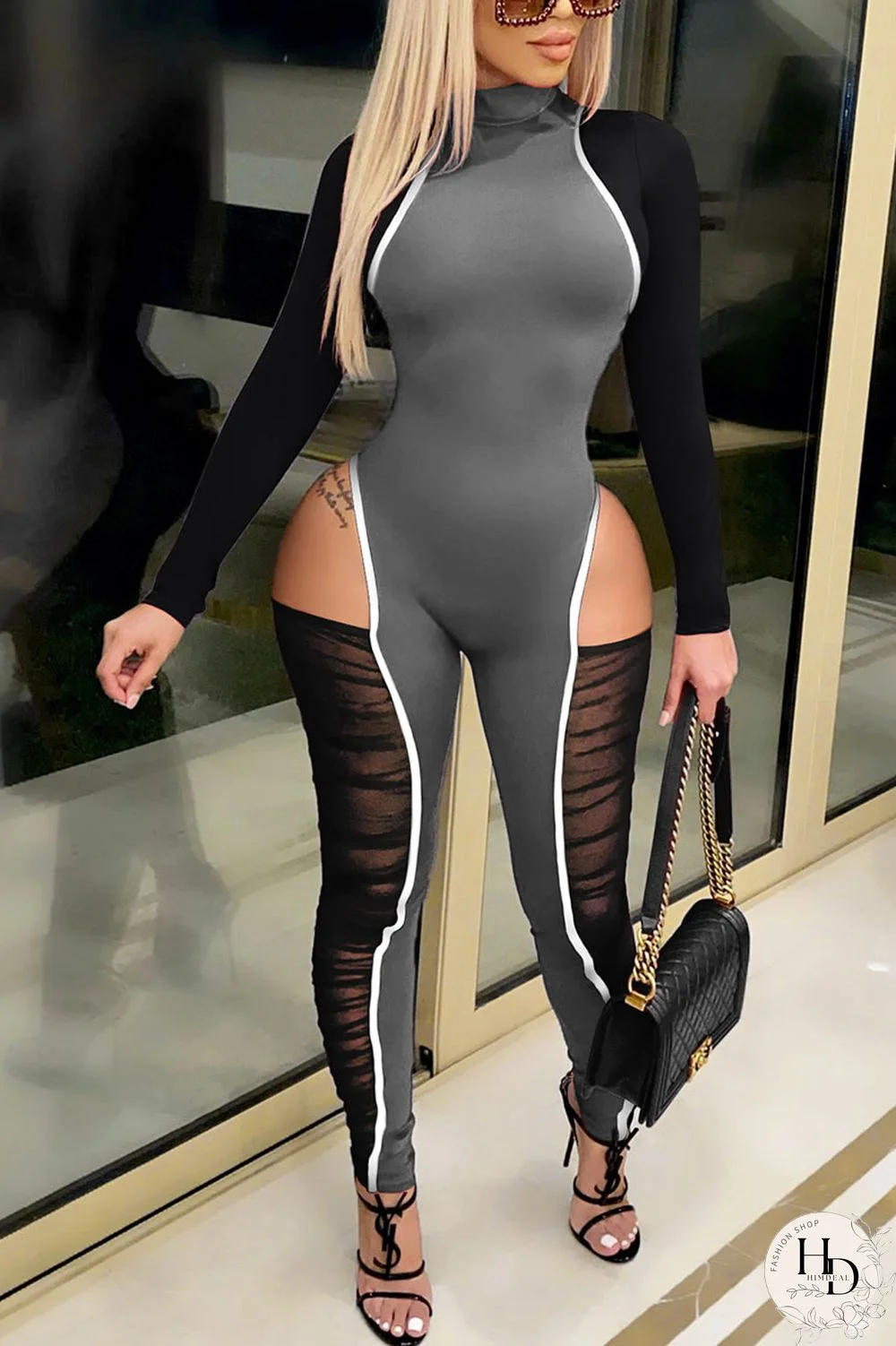 Grey Sexy Solid Zipper Collar Skinny Jumpsuits