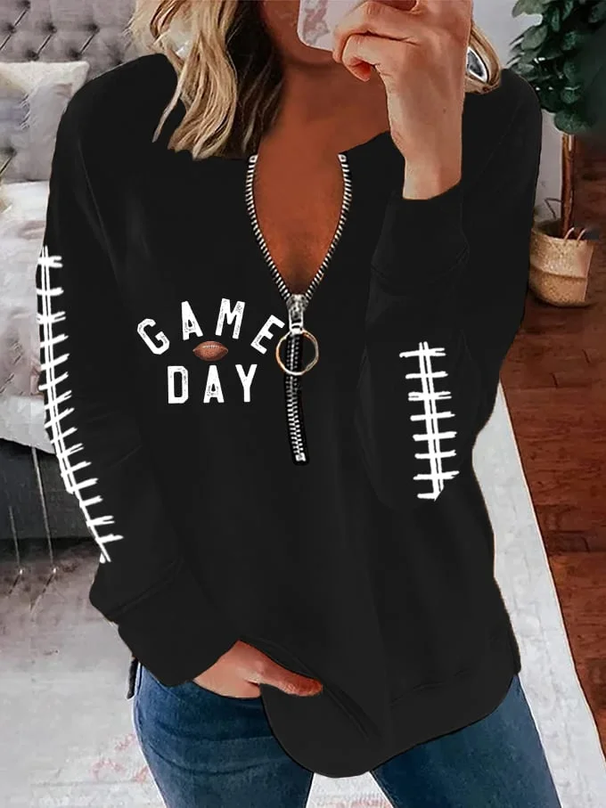 Women's American Football Game Day Print Zip Neck Sweatshirt socialshop