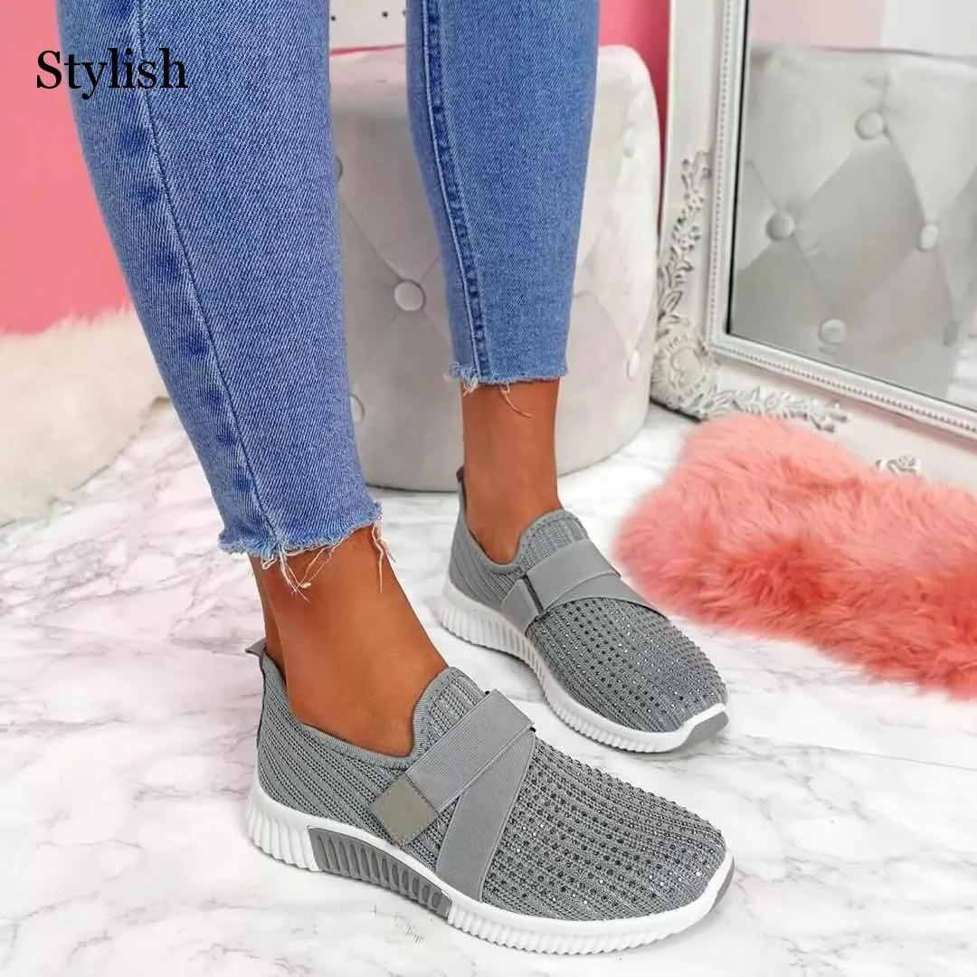Women Casual Sneakers New Bling Rhinestone Ladies Shoes Slip On Comfortable Sole Running Walking Shoes Female Flat Mesh Shoes
