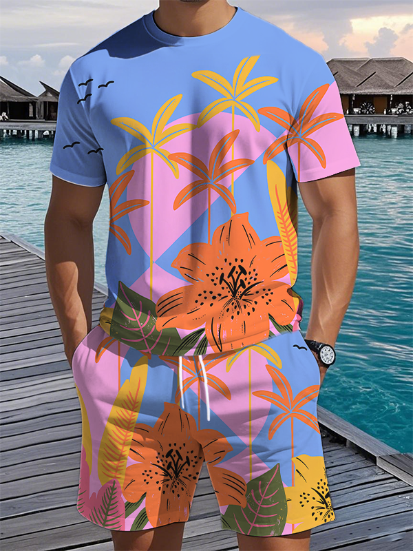 Men's Abstract Tropical Coconut Tree Flowers Holiday Art Print T-Shirt Shorts Set