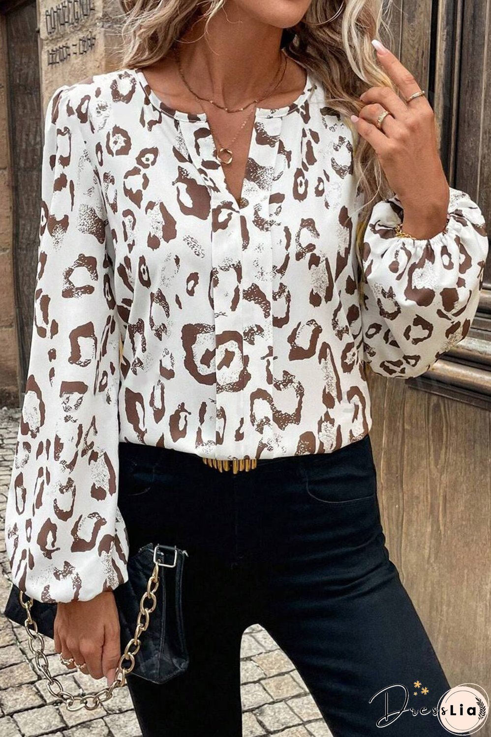 Khaki Leopard Print Split Neck Balloon Sleeve Blouse