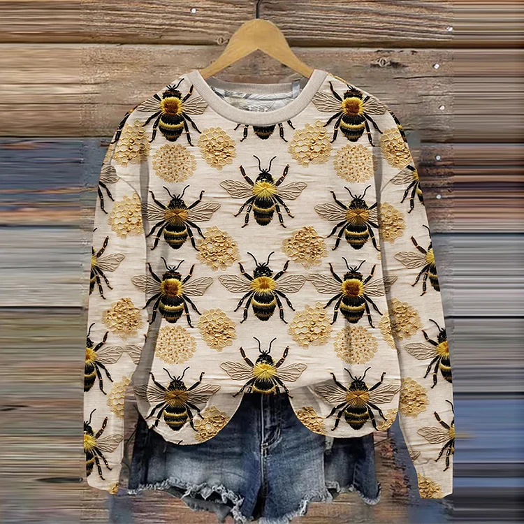 VChics Bee Embroidery Print Casual Sweatshirt