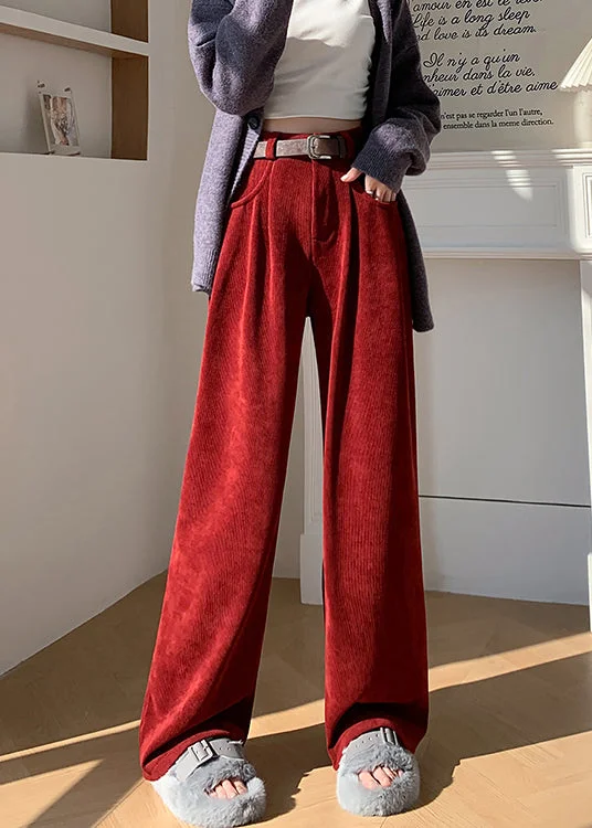 Italian Red Pockets Wrinkled Corduroy Warm Fleece Wide Leg Pants Winter
