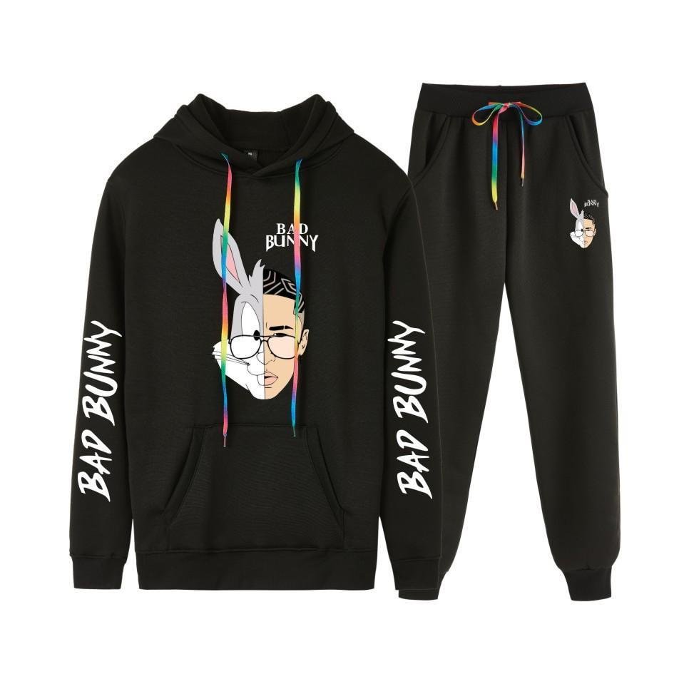 Bad Bunny Hoodie Sweatpants Set Long Sleeve Pullover Drawstring Pants for Adults