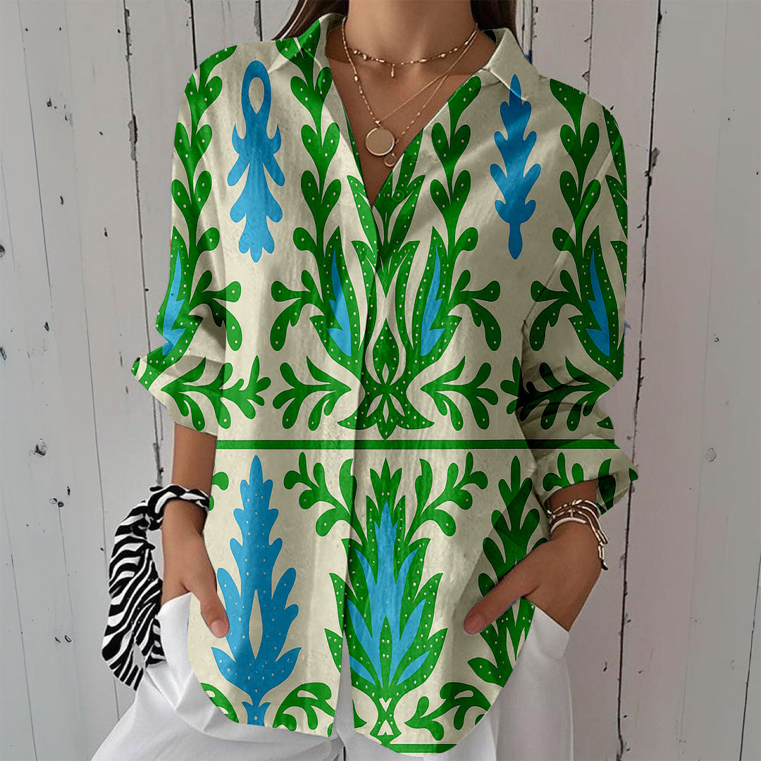 Women Long Sleeve V-neck Graphic Floral Printed Top