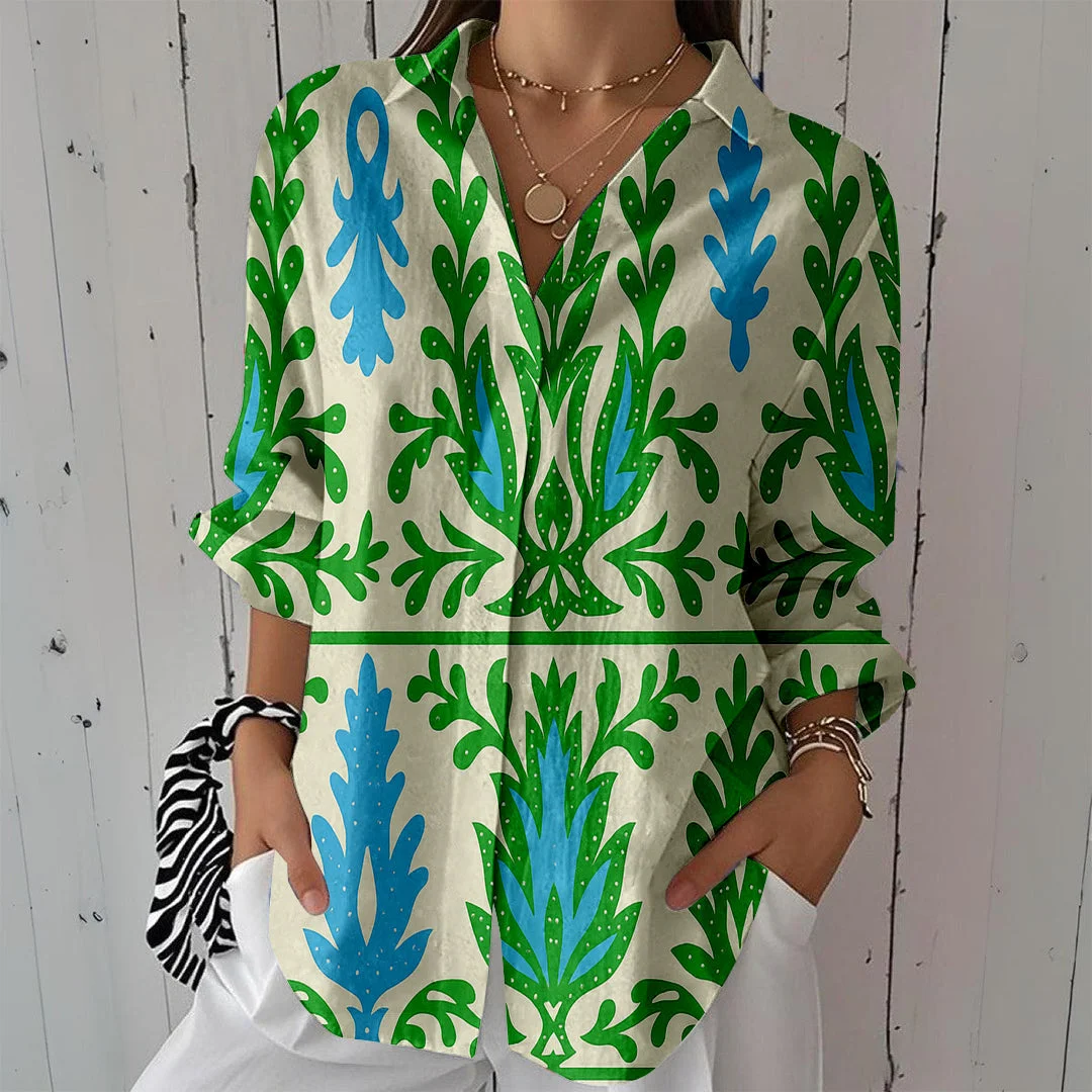 Style & Comfort for Mature Women Women Tropical, Green, Blue DZCL0101 3/4 Sleeve Shirt Collar Printed Button Tops