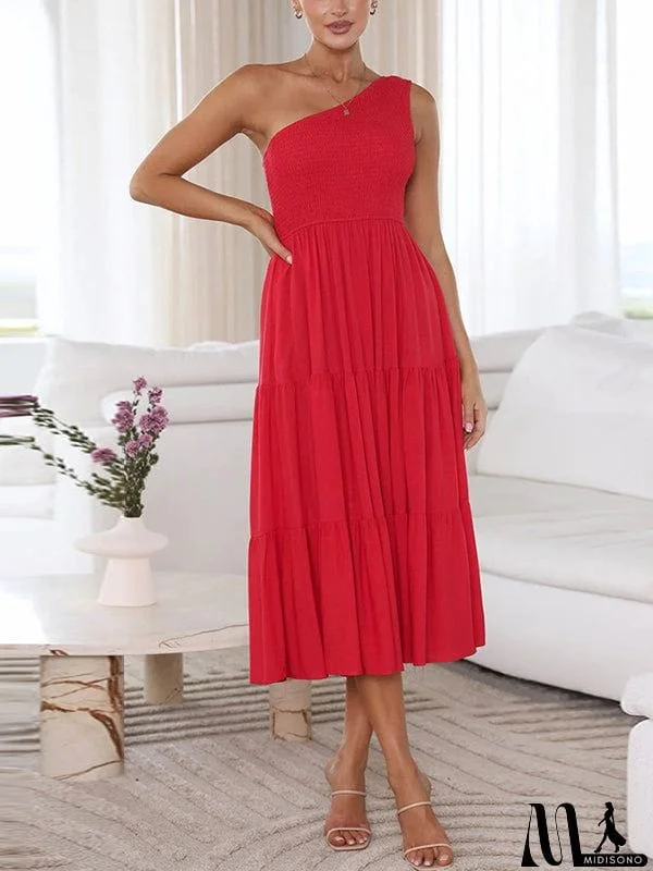 Loose Pleated Solid Color One-Shoulder Midi Dresses