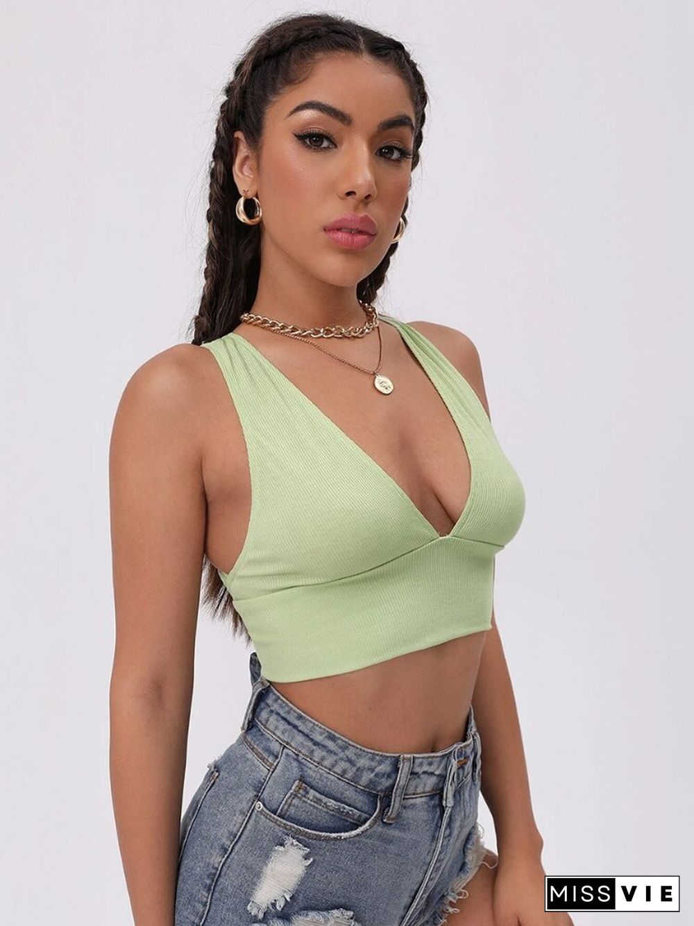 Summer Sports Slim Solid Color V-neck Coat Suspenders All-match Open-back Vest Fashion Casual Vitality Women's Clothing Tops