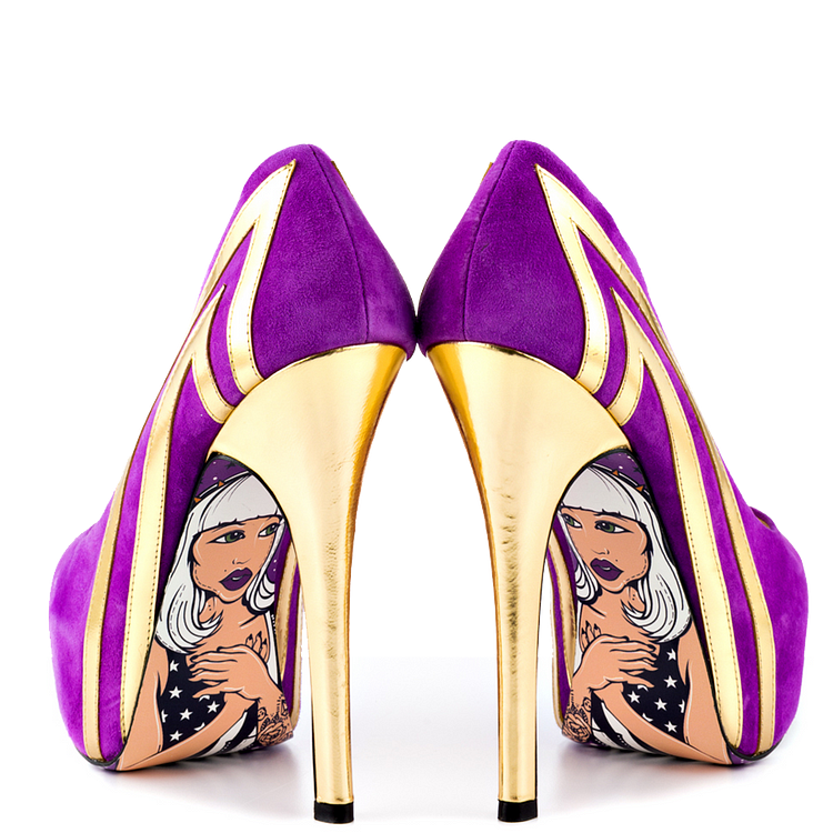 Women's Purple and Gold Platform Pumps with Printed Outsole |FSJ Shoes