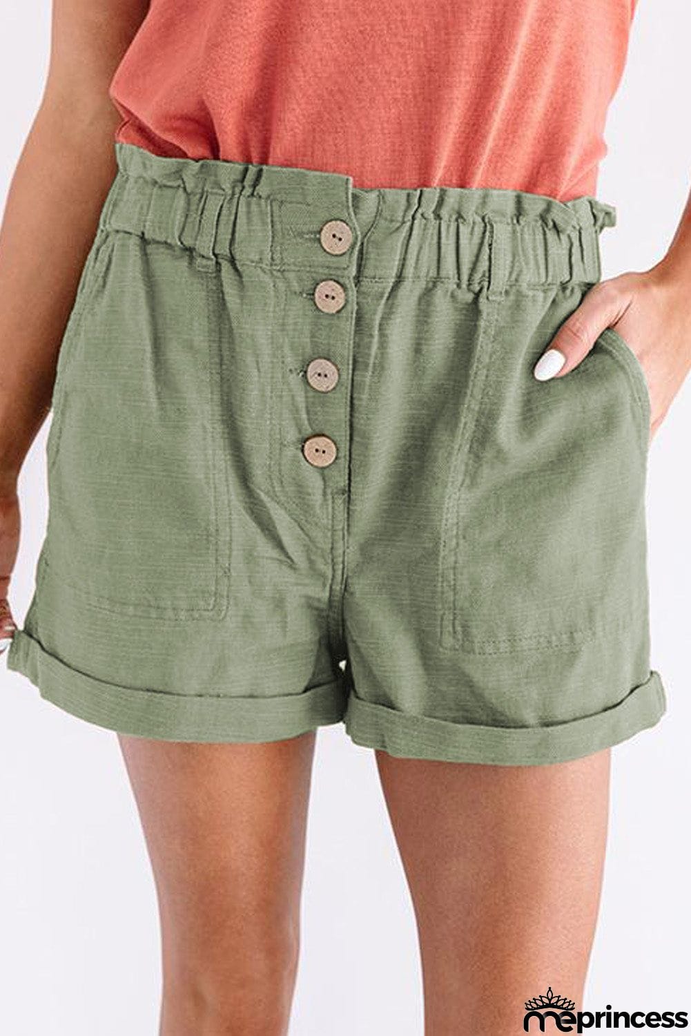 Khaki Cuffed High Waist Shorts