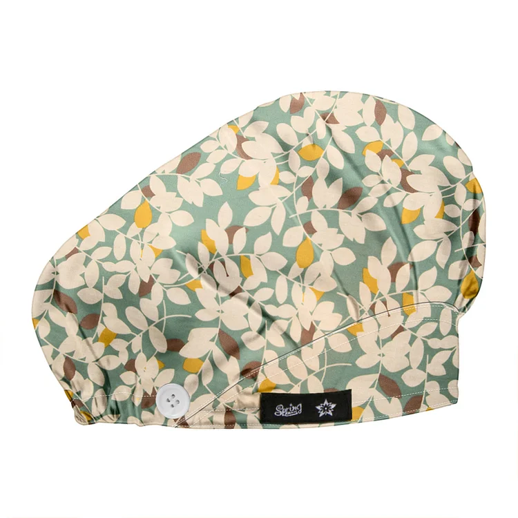 Women's Yellow Leafs Bouffant Hats Beanies Working Cap Button Sweatband Adjustable