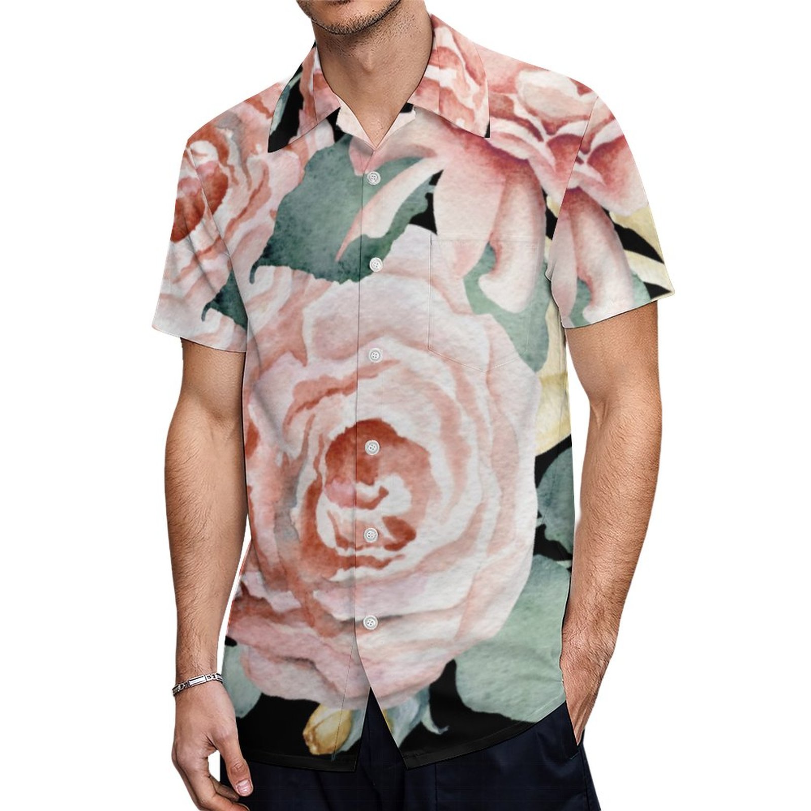 Pretty Large Pink Rose Floral Hawaiian Shirt Mens Button Down Plus Size Tropical Hawaii Beach Shirts