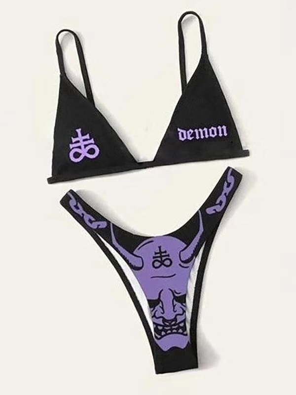 Punk Style Sexy Girl Spaghetti Strap Color Block High Waist Triangle Bottom Two-piece Bikini Set Swimwear