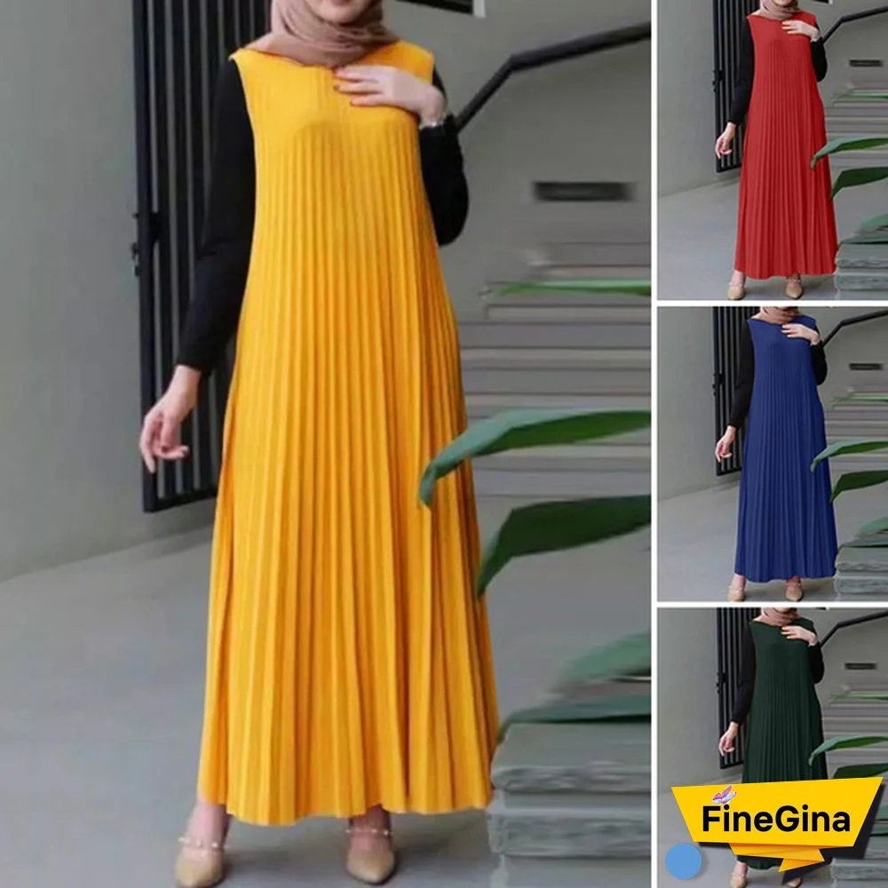 ZANZEA Women Crew Neck Sleeveless Pleated Dress Plus Size Casual A-Line Long Dress
