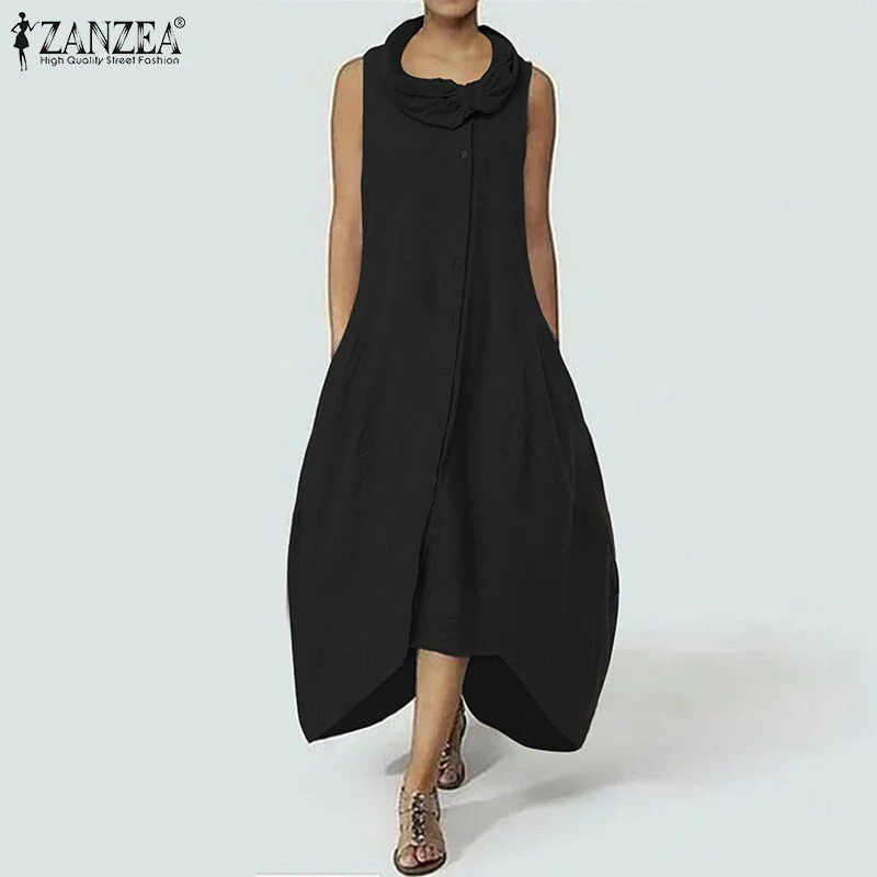 Women Sleeveless Solid Loose Mid-calf Dress 2022 ZANZEA Casual Asymmetrical Hem Party Vestidos Sarafans Fashion Summer Sundress