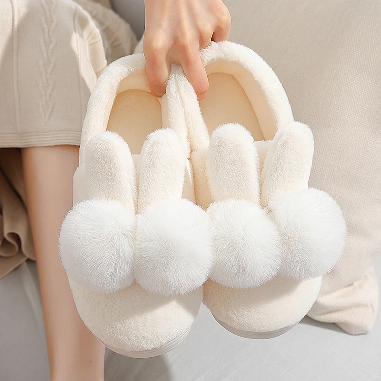 Bunny Ears Plush Fur Pom Pom Slippers - Gotamochi Kawaii Shop, Kawaii Clothes